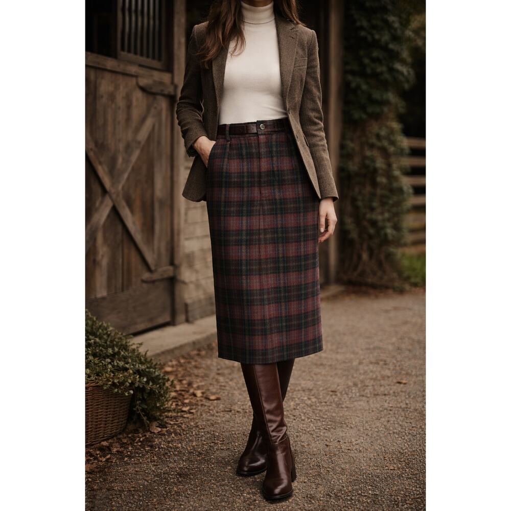 Vintage Ralph Lauren Wool Plaid Midi Skirt USA Made Burgundy Green Size 12
